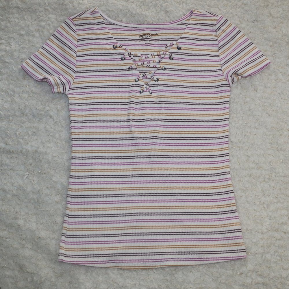 Arizona Jeans Striped Lace Up Short Sleeve Top